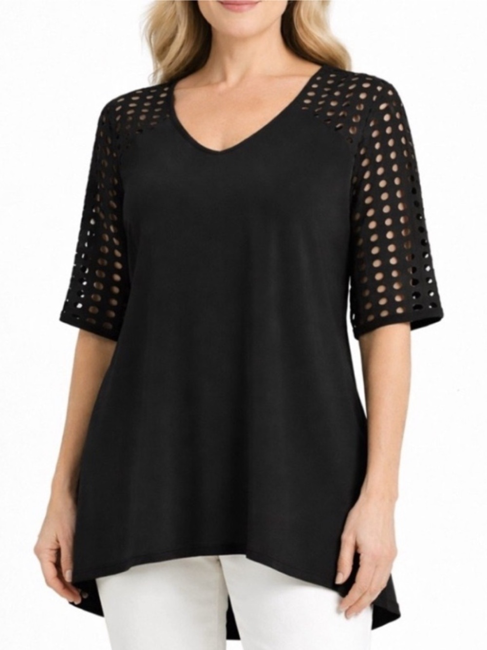 Clara Sun Woo black Liquid Jersey slinky stretchy cutout tunic blouse size Large